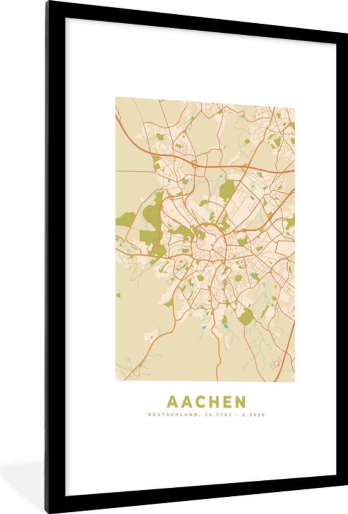 MuchoWow Gerahmtes Poster Karte - Jahrgang - Aachen - Stadtplan 60x90 cm - Poster mit Schwarzem Bilderrahmen Wandposter Rahmen Foto Bilder - Deko...