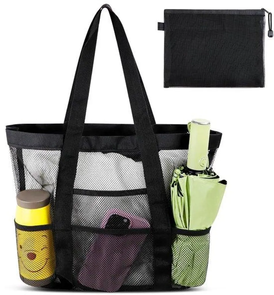 Grand sac de plage noir XXL avec trousse et compartiments en filet