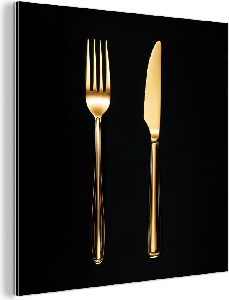 MuchoWow Wanddekoration Metall Metallbild Wandkunst 90x90 cm Besteck - Gold - Messer - Gabel MuchoWow Aluminium Gemälde - Dekoration - Industrial ...