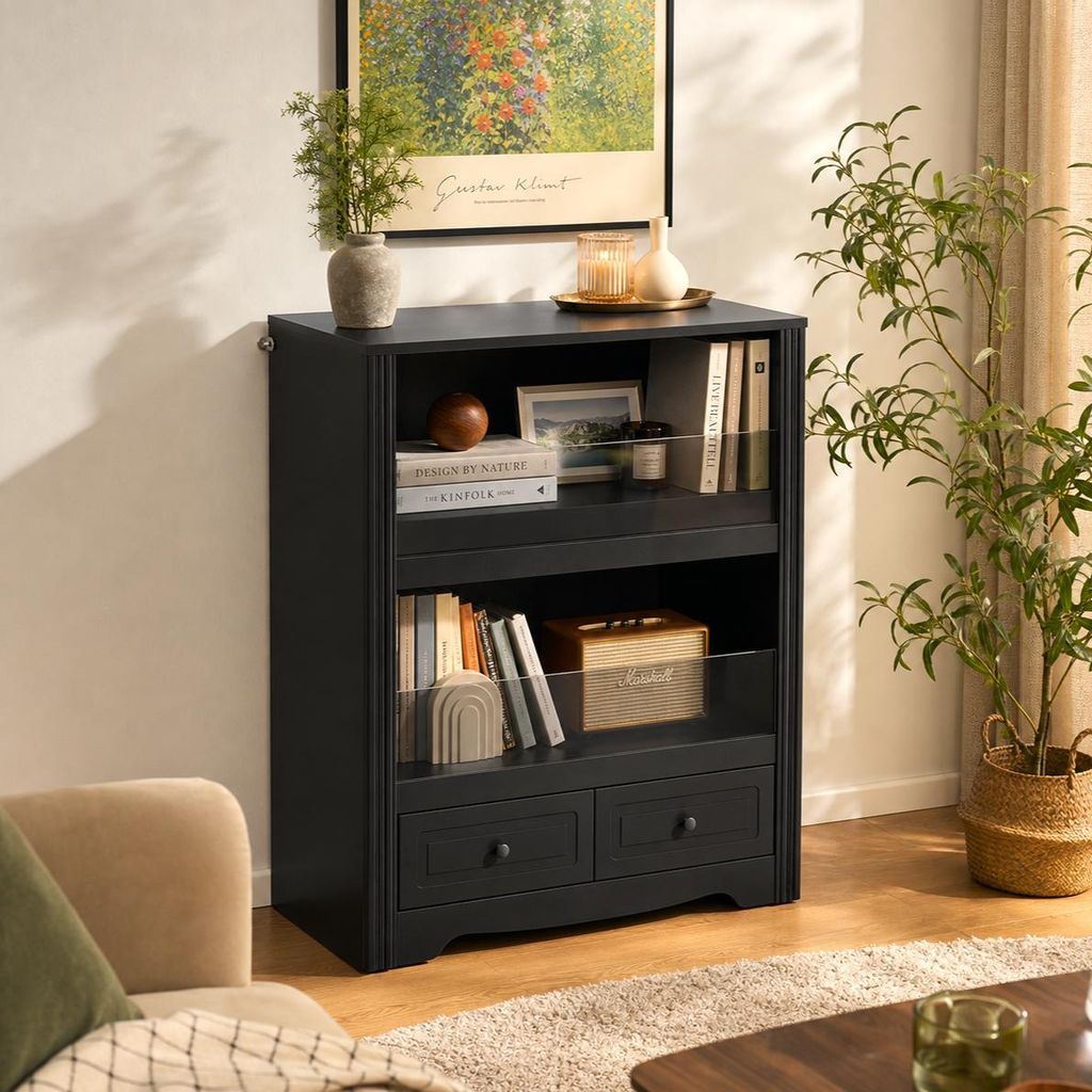 Kleine Vitrine 100x80x50cm Schwarz, 2 Fächer mit halbhohen Produktbild 
