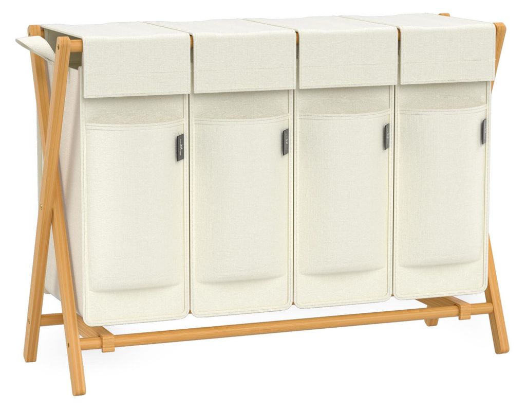 A four-compartment laundry hamper made of bamboo and beige fabric, shown against a white background.
