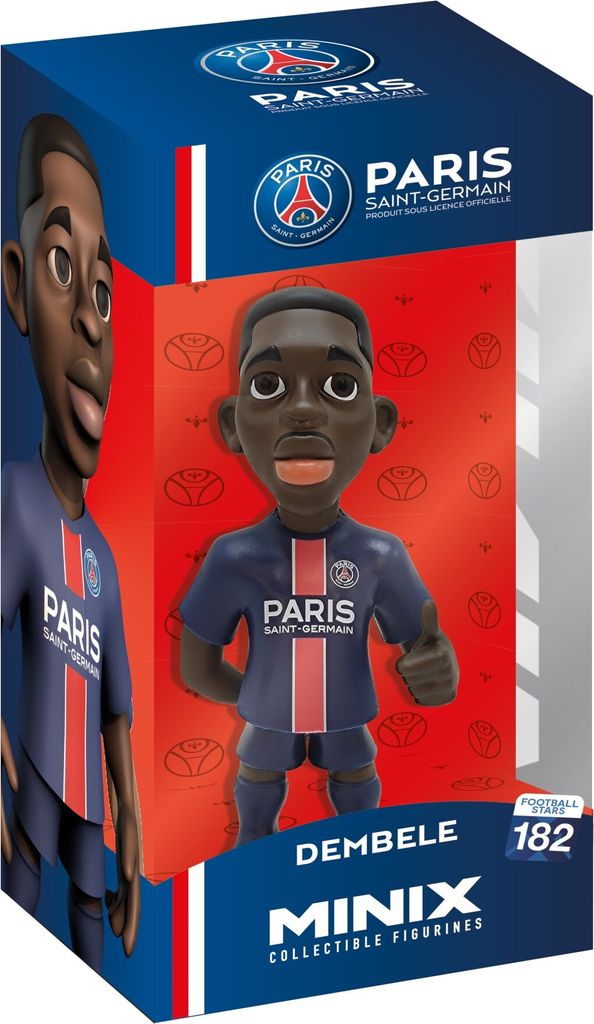 A collectible figurine of a football player, Dembele, in his Paris Saint-Germain uniform, displayed in its original packaging.
