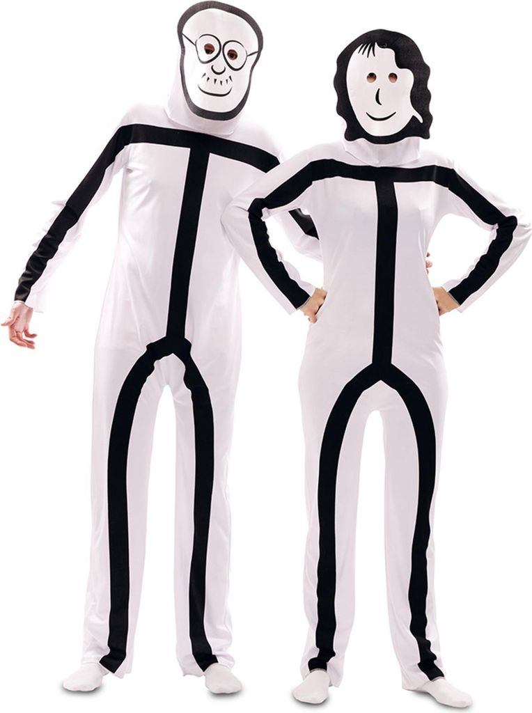 Two people wearing stick figure costumes.