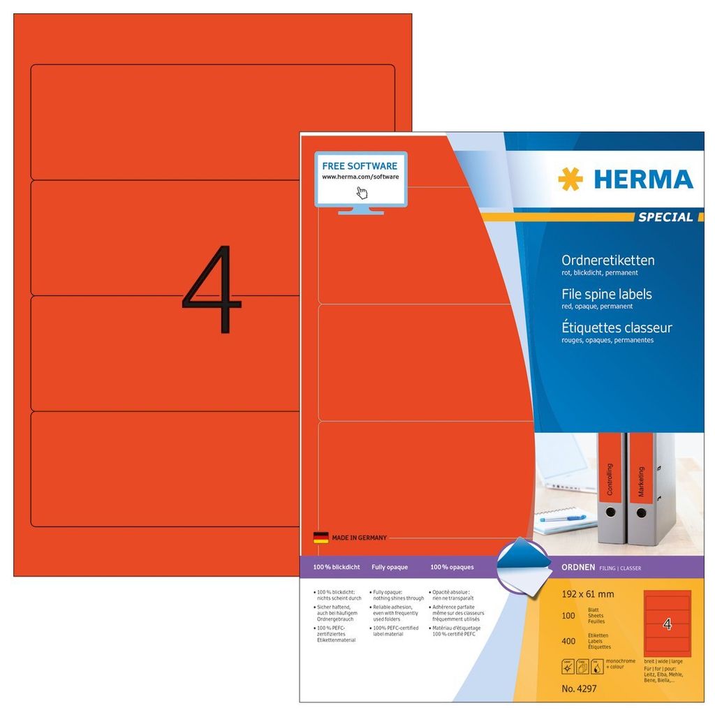 Ordneretiketten A4 rot 192x61 mm Papier matt blickdicht 400 St.