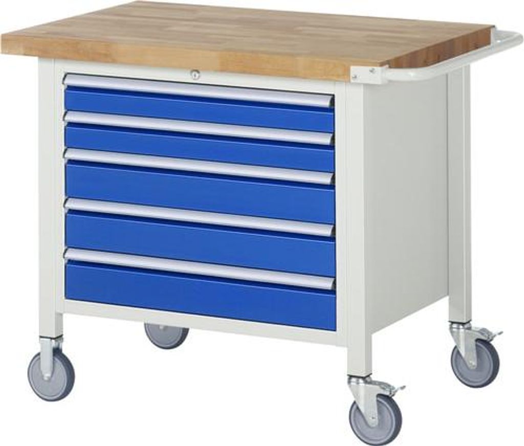 Mobile Werkbank mit 5 XL Schubladen - Teilauszug - 90:2 / 120:3 - höhenverstellbar 880-1.080 mm - 1.000 x 700 mm (BxT) - Traglast 450 kg - Buche