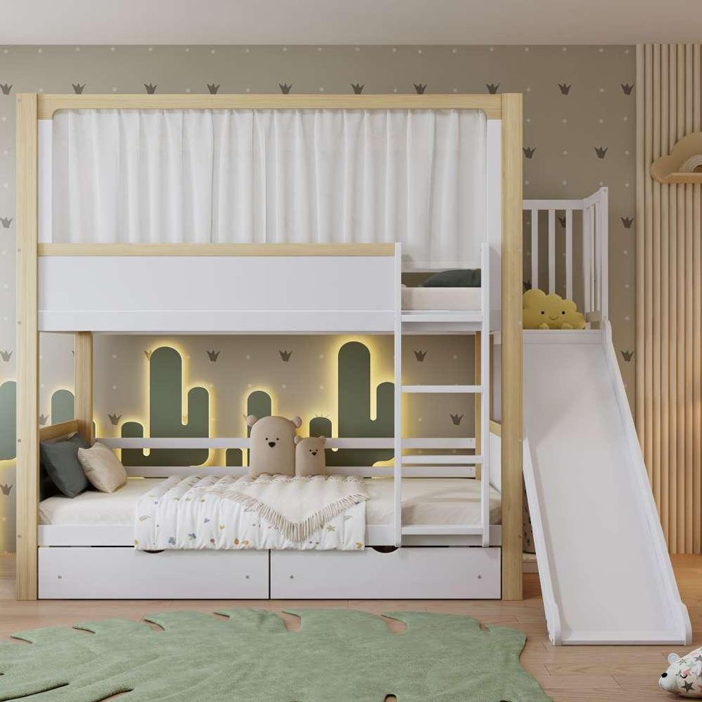 Hochbett für Kinder mit Rutsche und Vorhang, 2 Schubladen auf Rollen, Kiefer/MDF/Sperrholz, Farbkombination Weiß und Natur, 90x200 cm