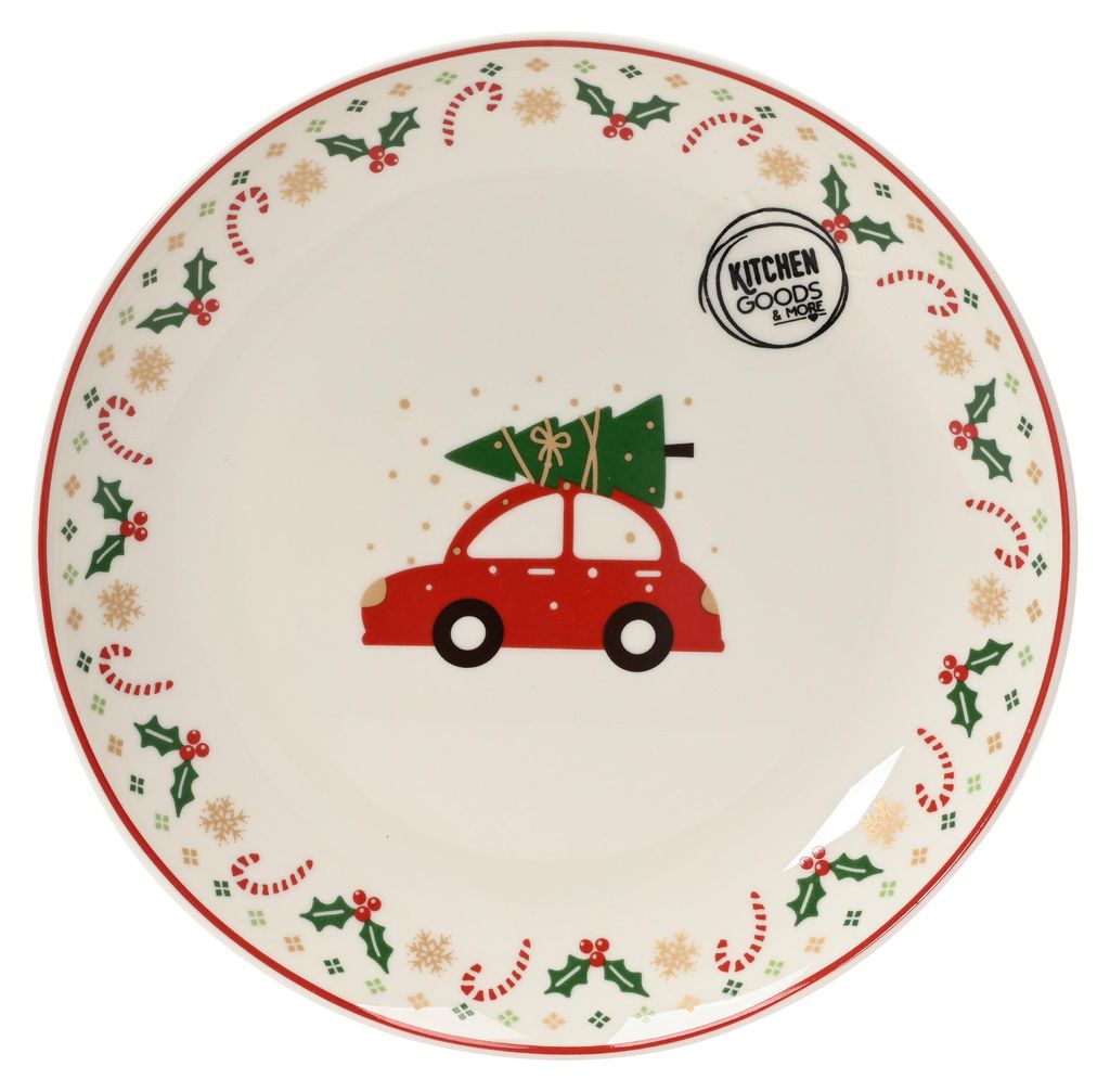 Runder Teller mit rotem Auto und Tannenbaum auf dem Dach sowie festlichem Weihnachtsdekor am Rand.