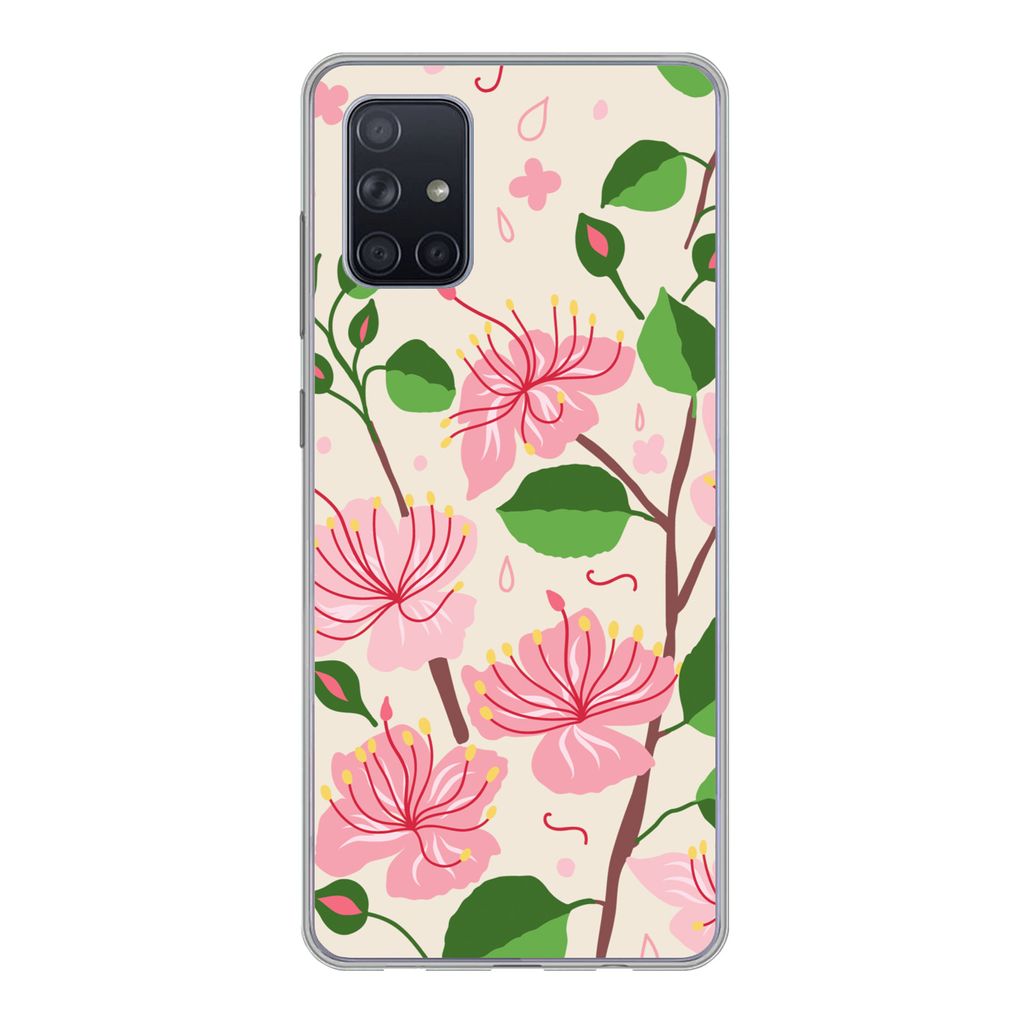 MuchoWow Handyhülle Schutzhülle Hülle für Samsung Galaxy A51 Blume - Rosa - Blatt - Muster Silikon Softcase Handy Hülle - Schutzabdeckung