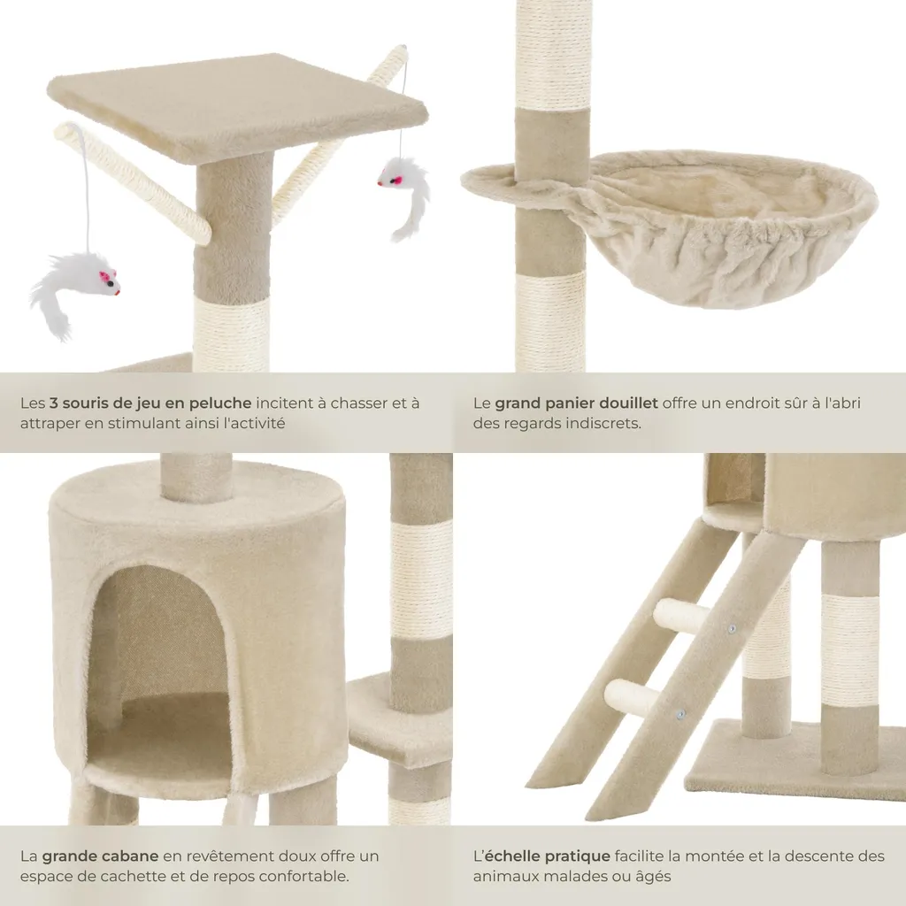 Arbre à chat DOMINIQUE 142 cm beige - Structure stable multi-niveaux - 4