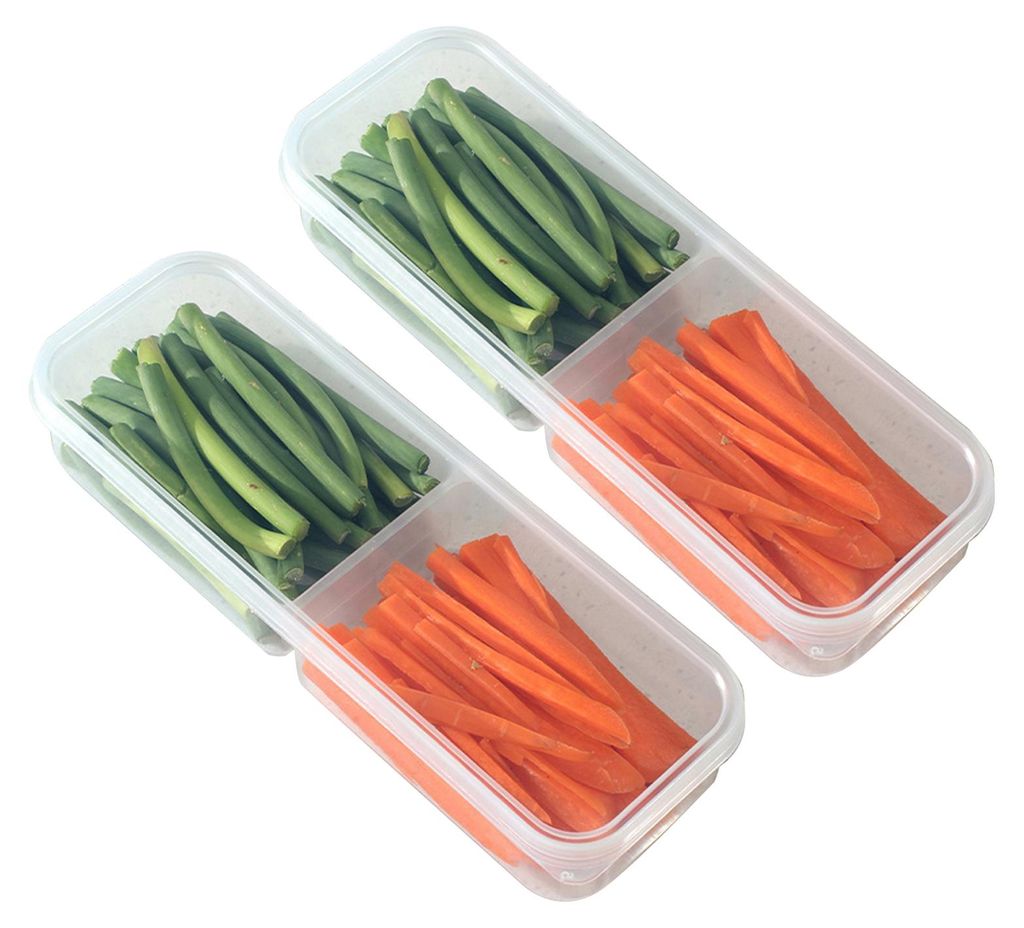 2 schmale, stapelbare Vorratsdosen mit Deckel, längliche, transparente Snackbehälter mit 2 oder 3 Fächern, ideal für Kühlschrank und Speisekam...