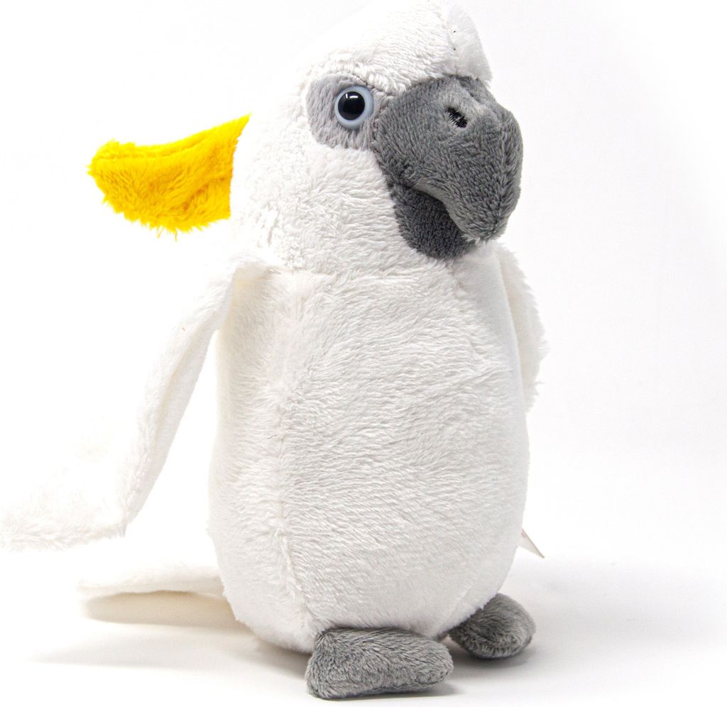 A stuffed toy cockatoo is shown against a white background.