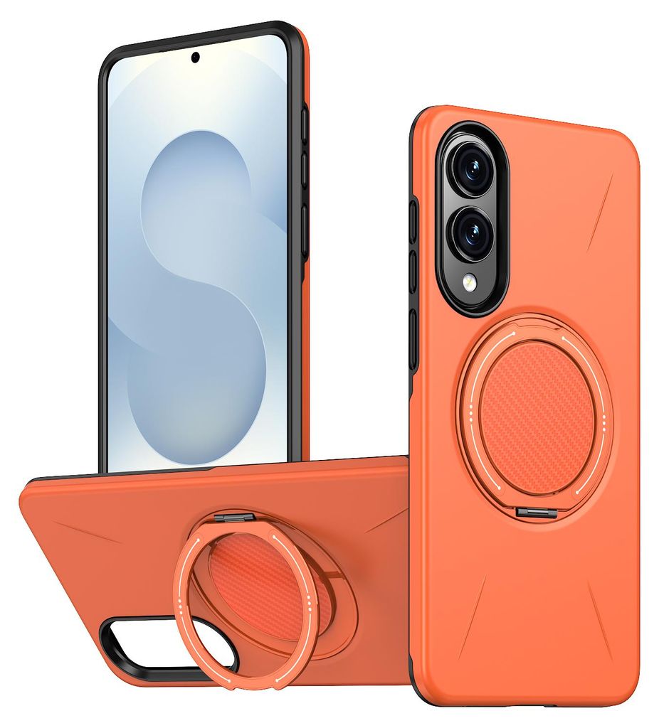 Magnetisch Hülle für Samsung Galaxy S25 Edge, Stoßfeste Weich TPU und Hard PC Schutzhülle mit Ringhalter Ständer Orange
