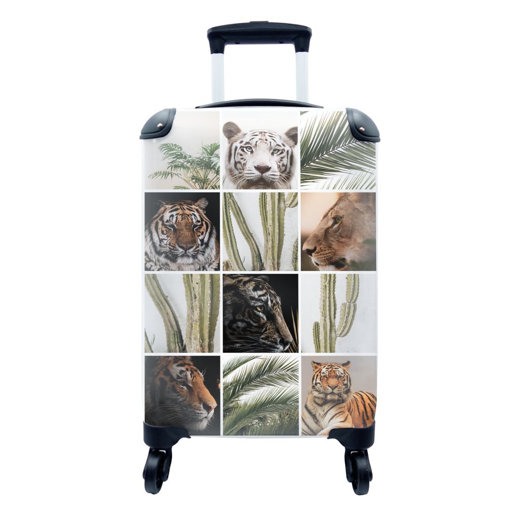 MuchoWow Koffer Handgepäck Trolley Rollkoffer Kleine Reisekoffer mit 4 Rollen - Tiger - Collage - Kaktus - Palme - Cabin Size < 55x40x23 cm & 55...