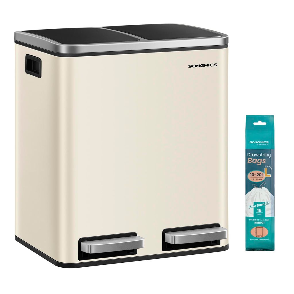SONGMICS Mülleimer Küche, 2 x 15 Liter, Mülltrennsystem 2 Fächer, Abfalleimer, Treteimer, für gelben Sack