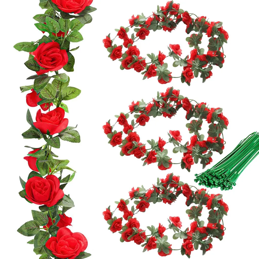 Guirlande de fleurs artificielles rouges 3x2m avec 40 roses et attaches