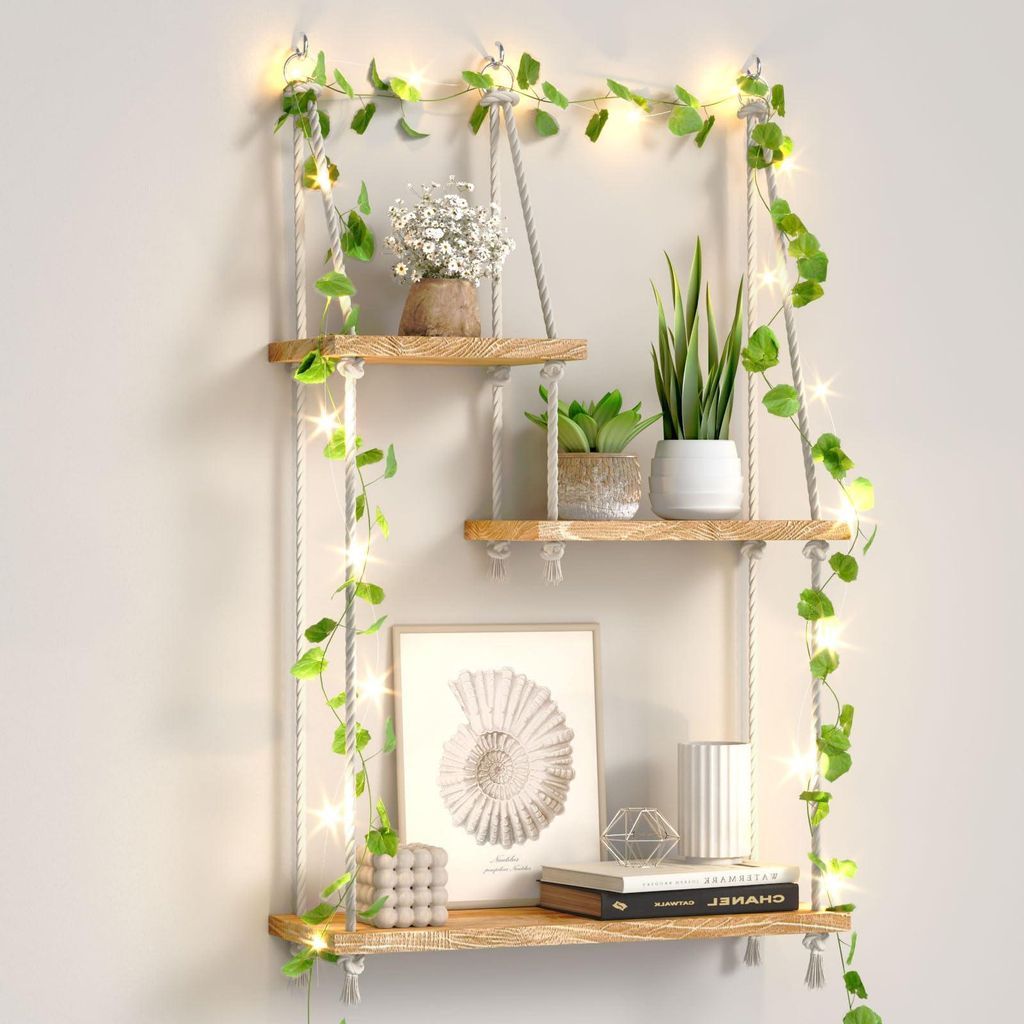 Dreistöckiges Wandregal aus Holz für Pflanzen, Makramee-Wandregal, schwebendes Boho-Regal, handgeflochtenes Treibholz-Hängeregal für Wohnzimmer...