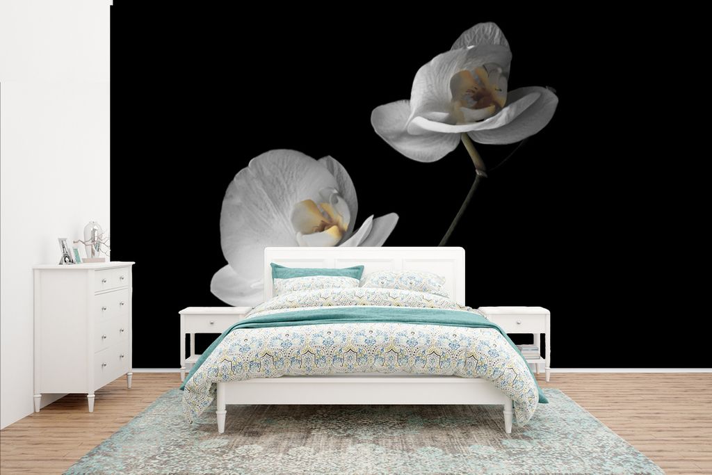 MuchoWow Fototapete für Wohnzimmer oder Schlafzimmer Wandtapete Vinyl Motivtapete Orchidee - Blumen - Schwarz - Weiß - Stilleben - 400x240 cm -...