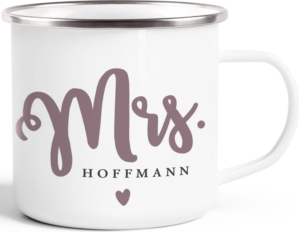 Emailletasse Becher Emaille Mr & Mrs personalisierbarer Nachname personalisierte Geschenke Hochzeitsgeschenk SpecialMe Mrs weiß-metall Emailletasse