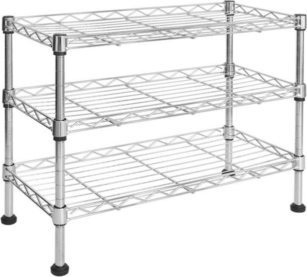 A three-tier chrome wire shelving unit on a white background.