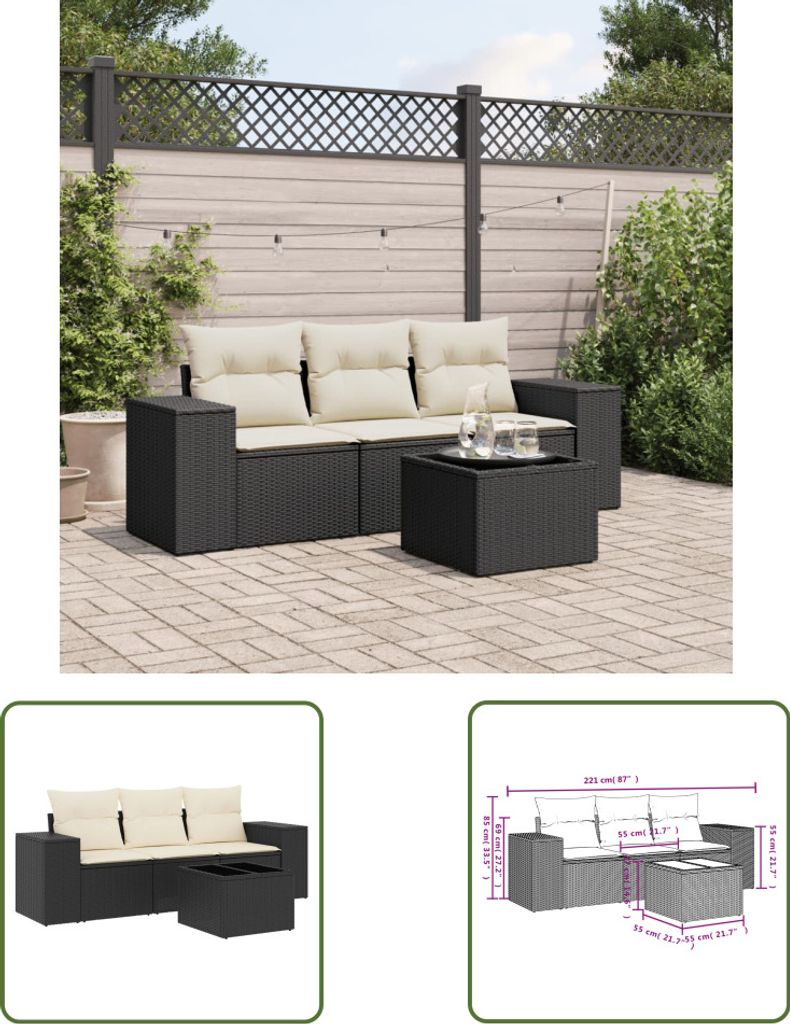 The Living Store 4-tlg. Garten-Sofagarnitur mit Kissen Schwarz Poly Rattan