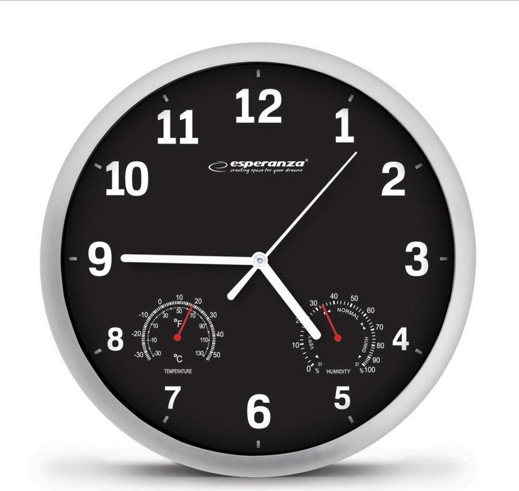 A black wall clock with a silver frame, featuring a thermometer and hygrometer.