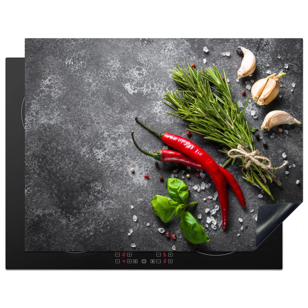KitchenYeah Herdabdeckplatte Pfeffer - Kräuter - Gewürze - Beton , 77x59cm, Küche Deko, Glaskeramikkochfeld Herdabdeckung, Abdeckplatte fùr K...