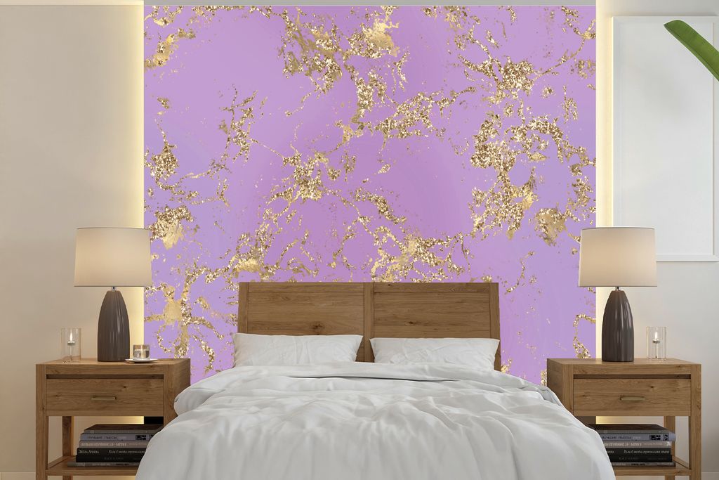 MuchoWow Fototapete für Wohnzimmer oder Schlafzimmer Wandtapete Vinyl Motivtapete Marmor - Lila - Gold - 220x220 cm - Tapeten