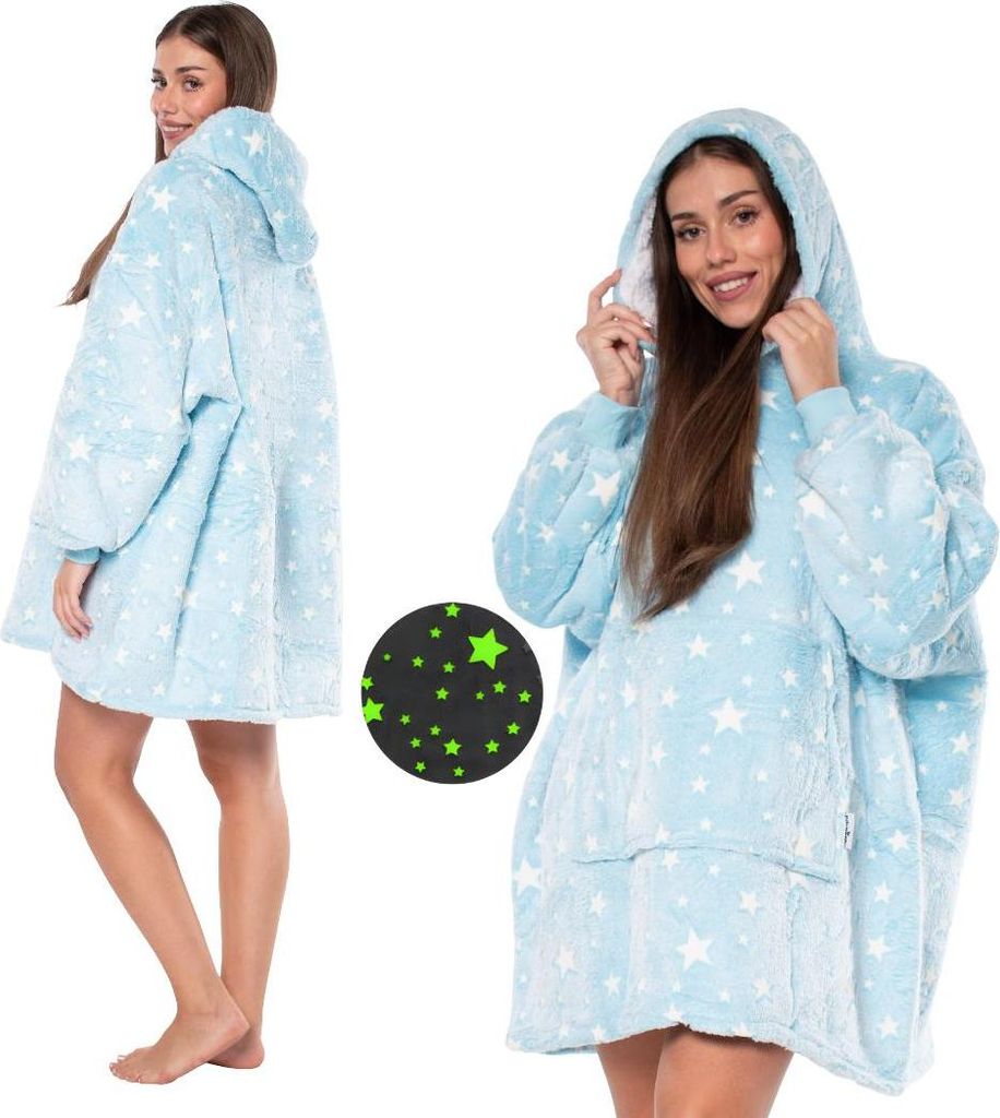 Decke Hoodie Kocobluza 2in1 Übergröße Kapuze Dicke Sherpa Blaue Sterne