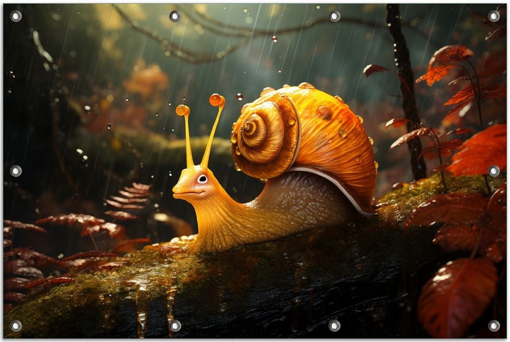 Wallario Outdoor-Poster für Garten oder Balkon, Motiv Schnecke auf Ast, in ca. 80 x 120 cm