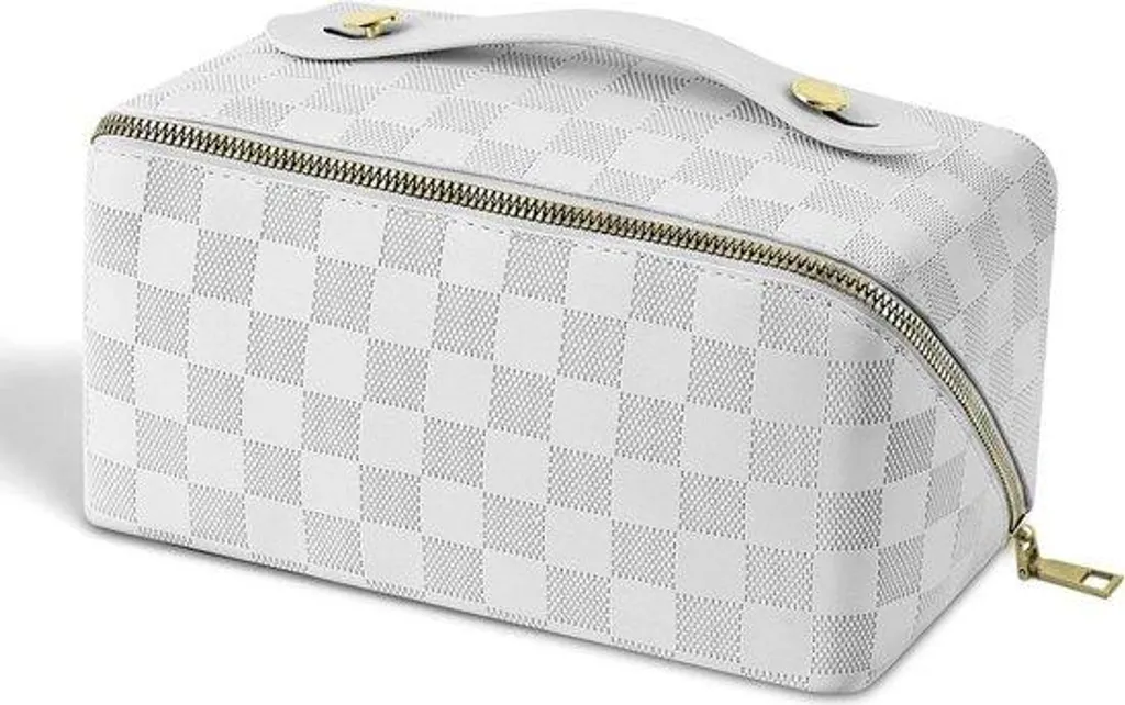 Nécessaire de toilette en cuir PU blanc damier pour rangement cosmétique