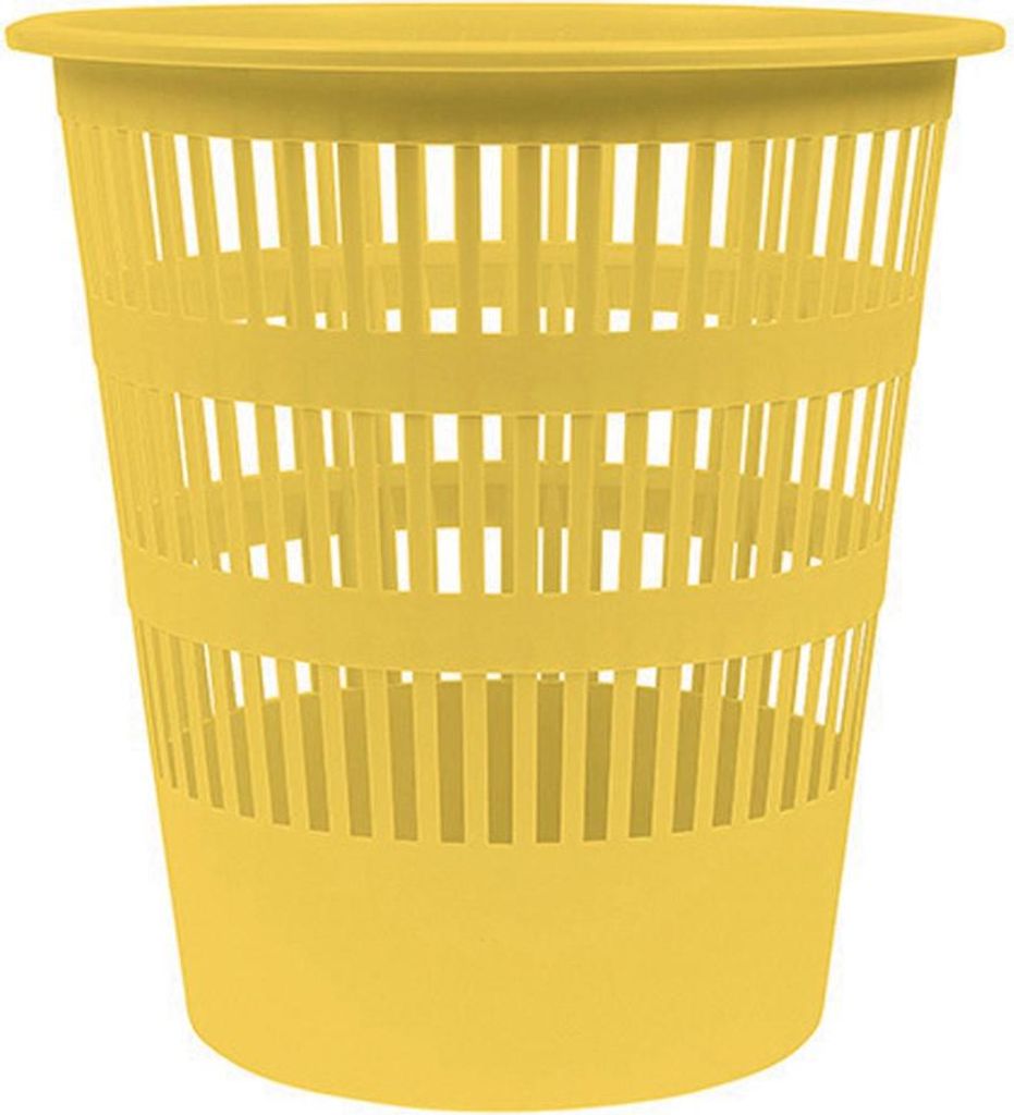 A yellow plastic waste bin with a perforated design.