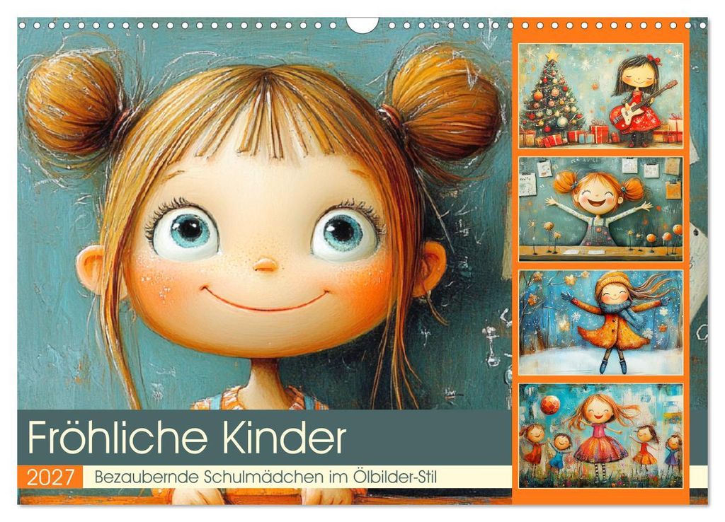 Fröhliche Kinder. Bezaubernde Schulmädchen im Ölbilder-Stil (Wandkalender 2027 DIN A3 quer), CALVENDO Monatskalender