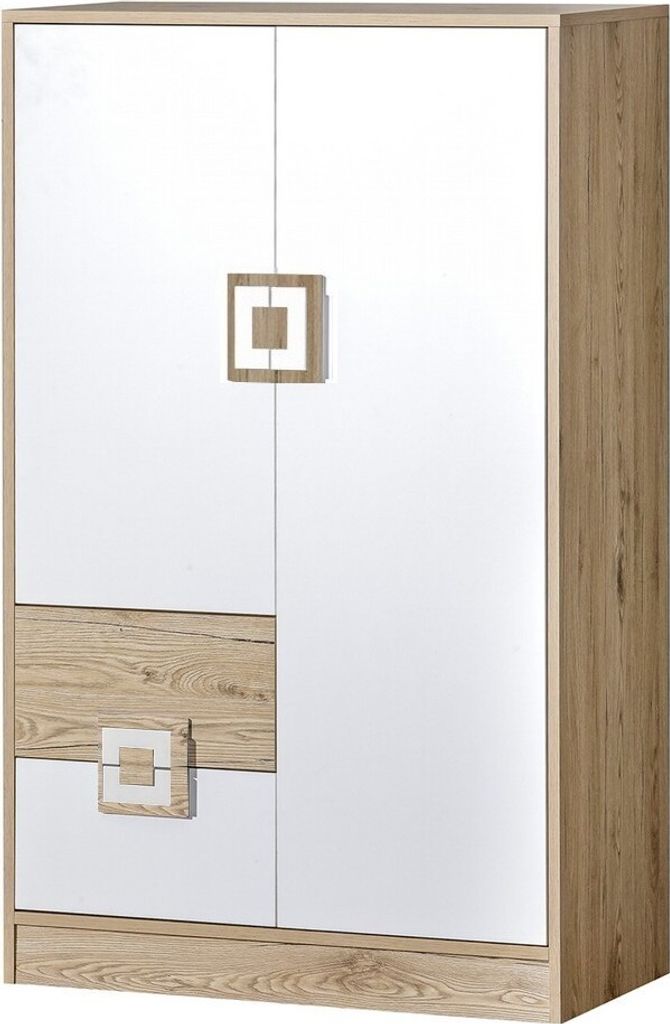 Furniture24 Kommode NICO 07, Schrank, Hochschrank, Mehrzweckschrank, Highboard mit 2 Türen und 2 Schubkasten Hell Eiche/Weiß/Hell Eiche