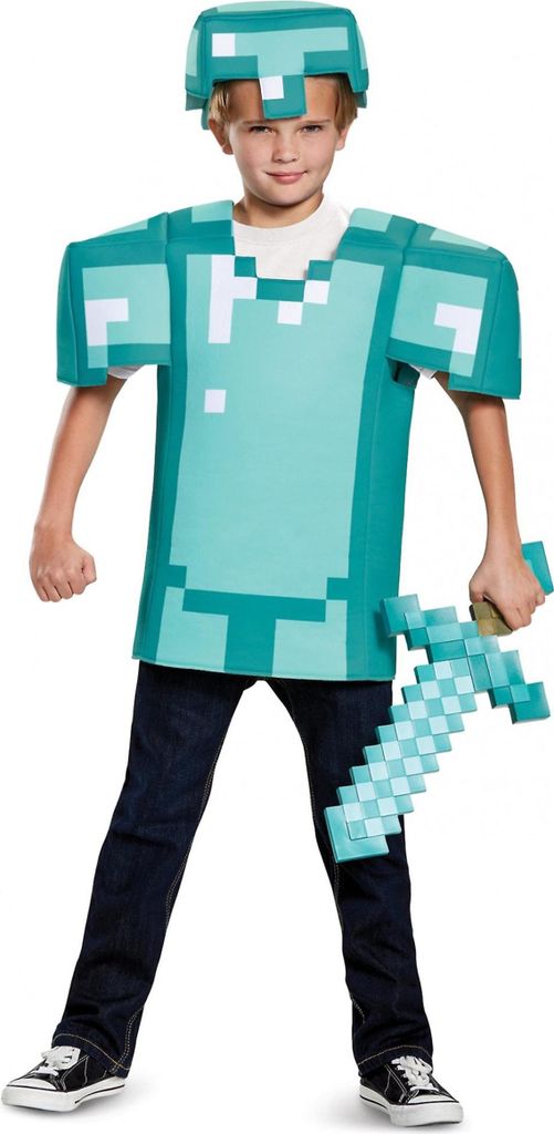A young boy is posing in a Minecraft-themed diamond armor costume, holding a toy sword.