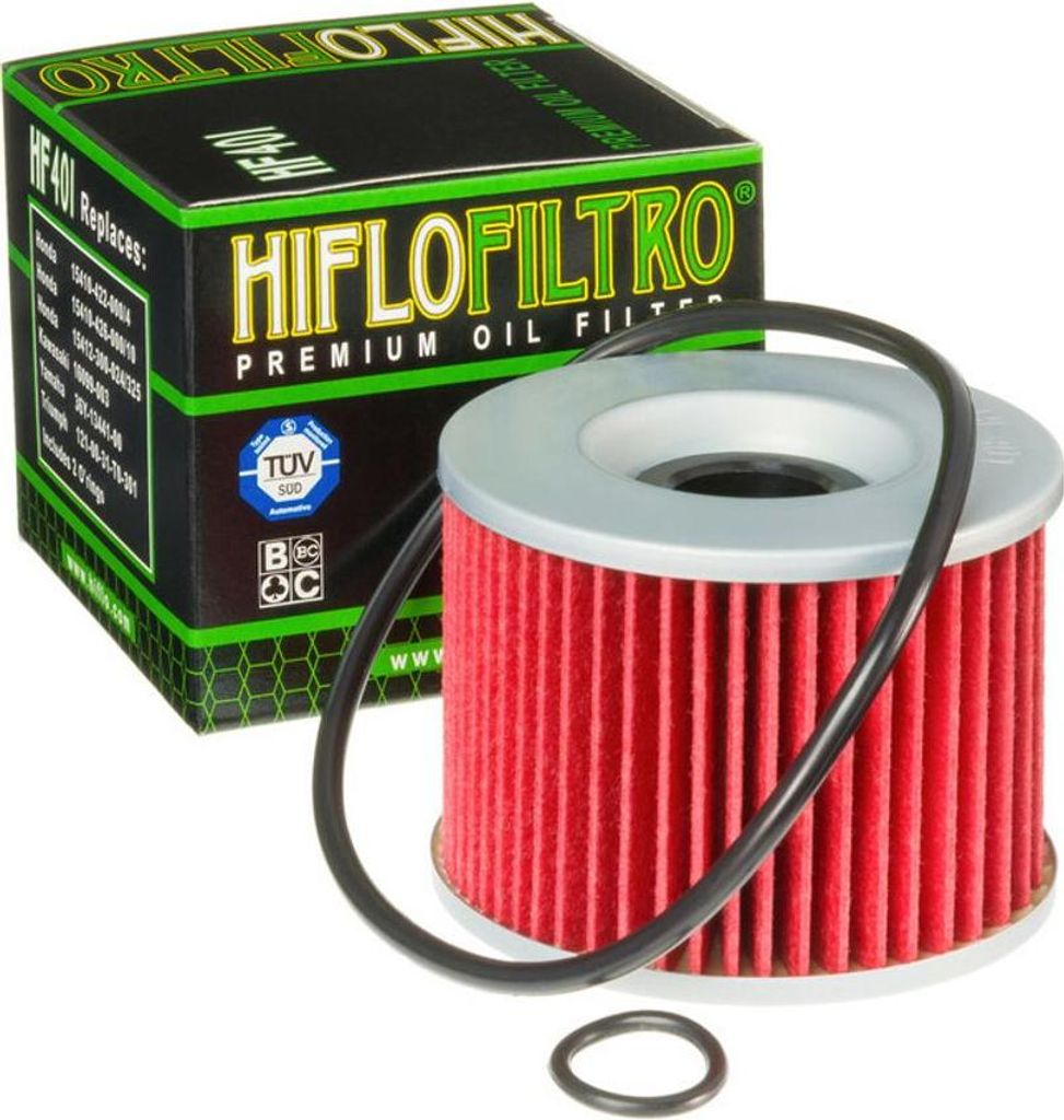 A Hiflofiltro oil filter and its packaging are shown against a white background.