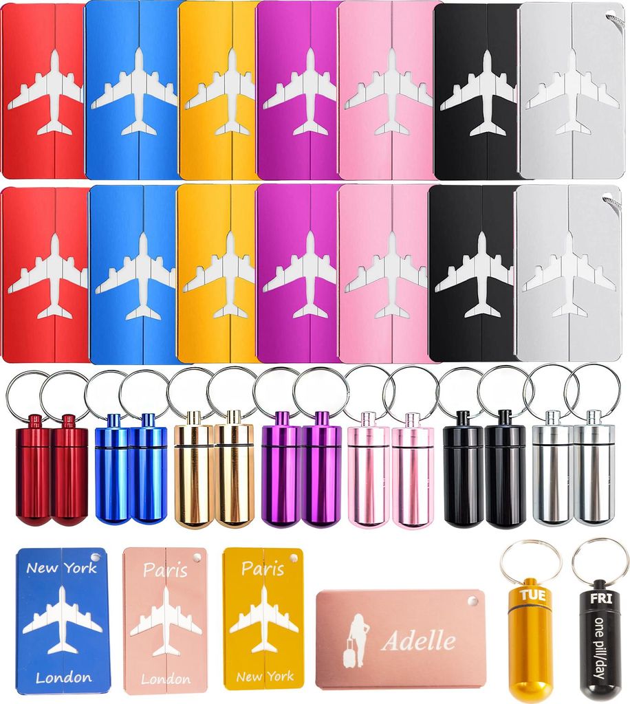 28-teiliges Reise-Set Metall-Kofferanhänger & Mini Pillendosen, Aluminium Gepäckanhänger in 7 Farben für Reise & Medikamentenaufbewahrung