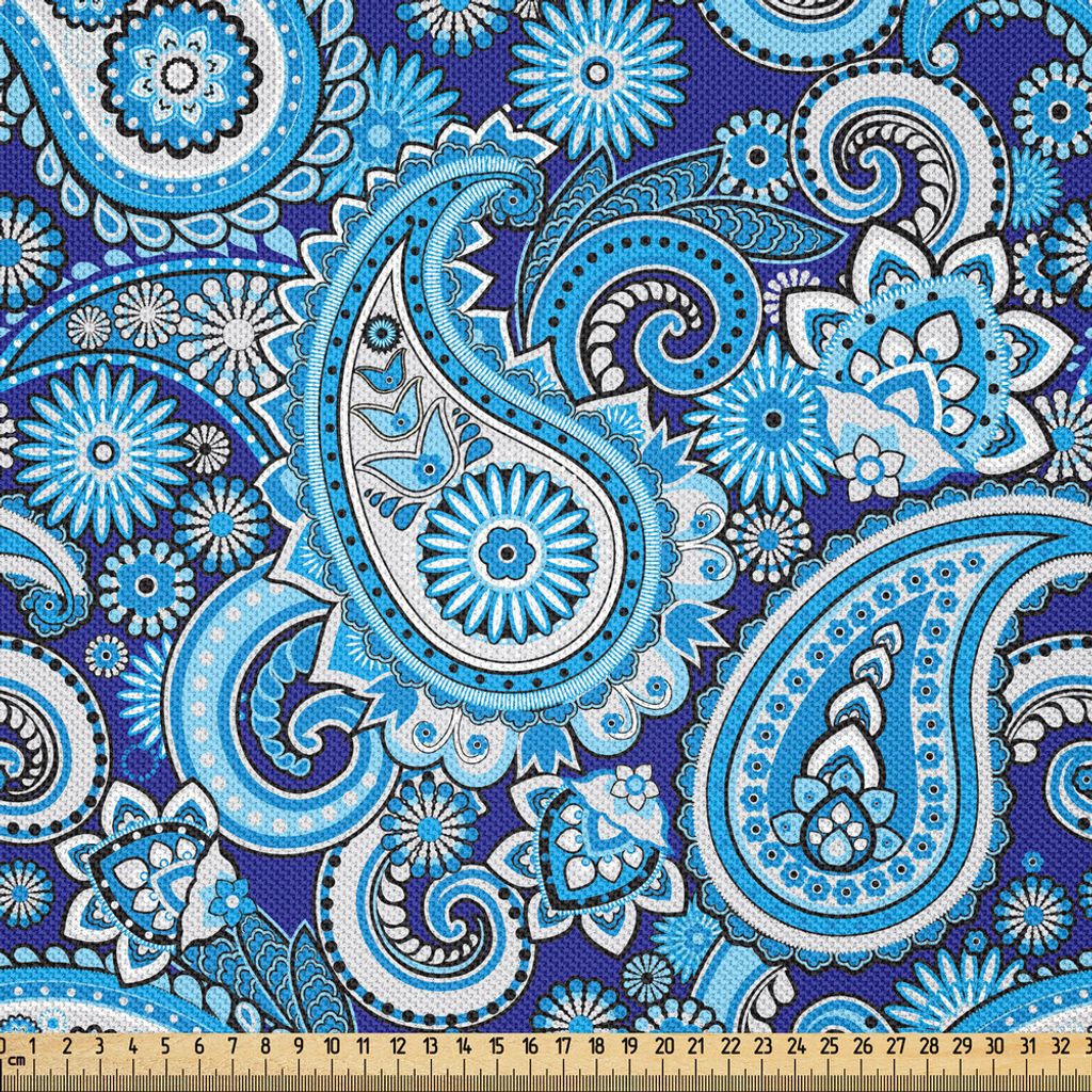 ABAKUHAUS Paisley Satin Stoff als Meterware, Traditionelles asiatisches Muster-Design mit Blumen verlässt und punktiert blaue Hintergrund-Grafik, ...