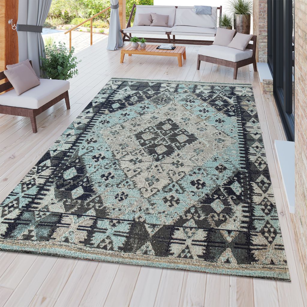 TT Home In- & Outdoor-Teppich Für Balkon U. Terrasse M. Orient-Muster, Kariert In Blau Größe 60x100 cm
