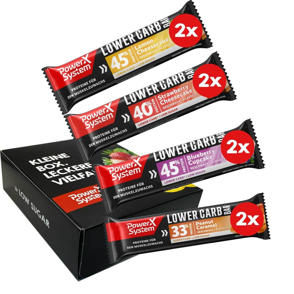 Probier Set Lower Carb 8x Protein Riegel Zitrone, Erdbeer, Blaubeere, Peanut Caramel Low Sugar