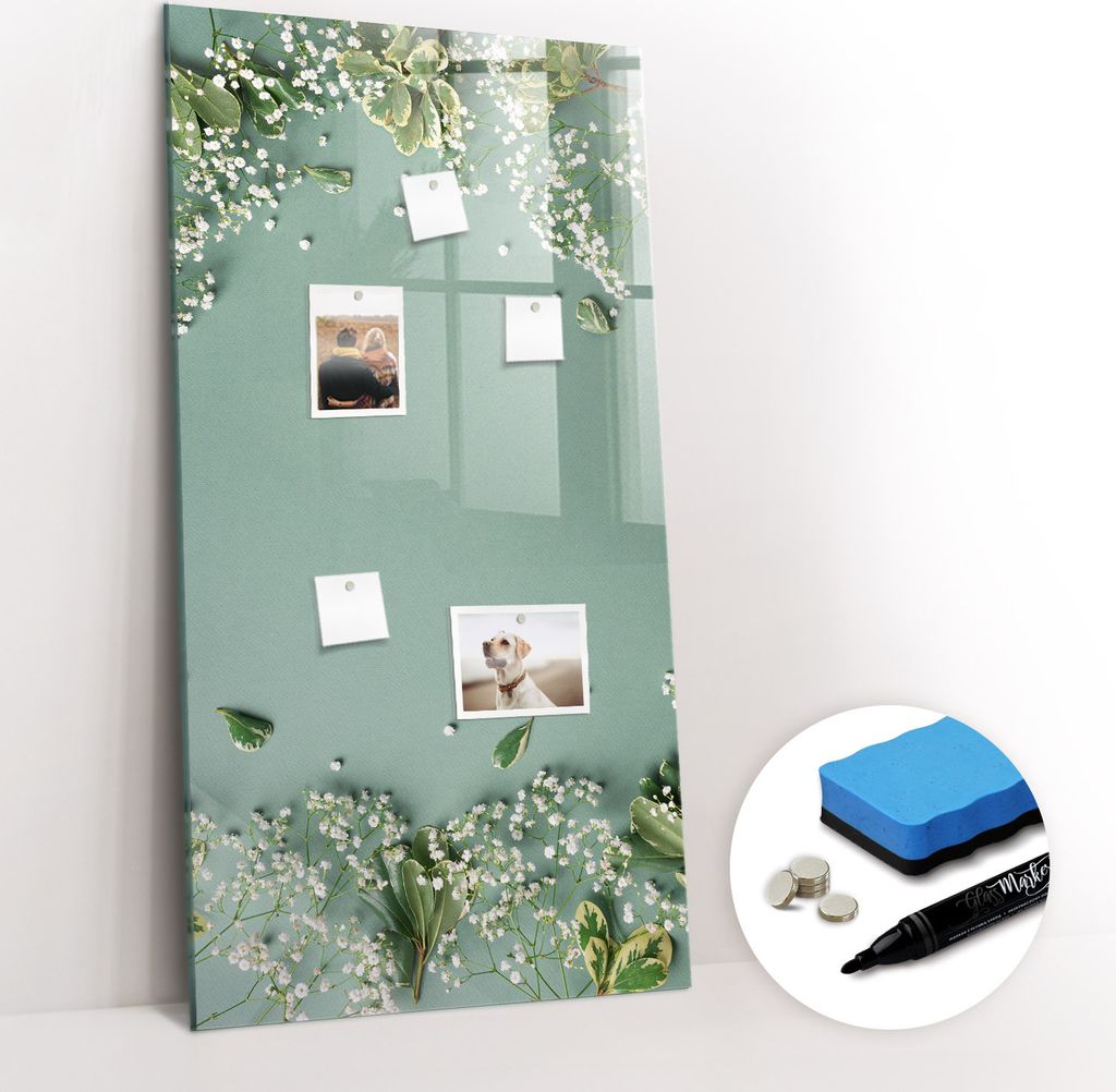 Magnetpinnwand Memoboard - Zubehörsatz - Schwarzer Marker + Schwamm + Magnete - 60 x 120 cm - Schleierkrautblüten
