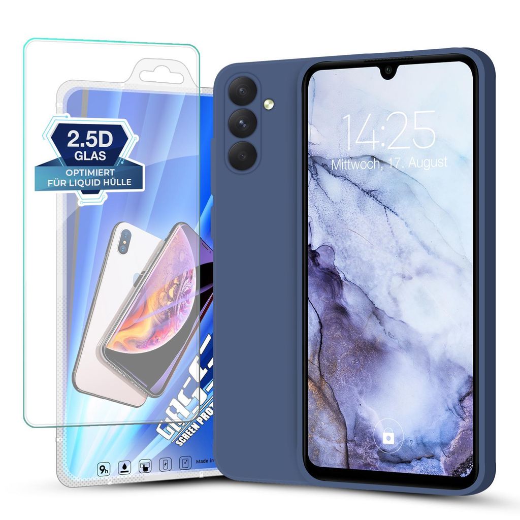A smartphone case and screen protector are displayed together.