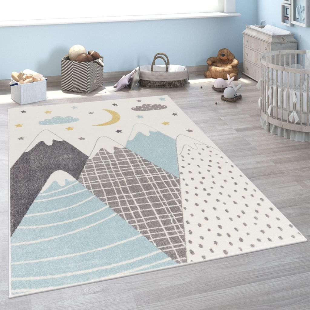 Kinderteppich Teppich Kinderzimmer Junge Mädchen Modern Berge Sterne Wolken Blau Grösse 160 cm Rund
