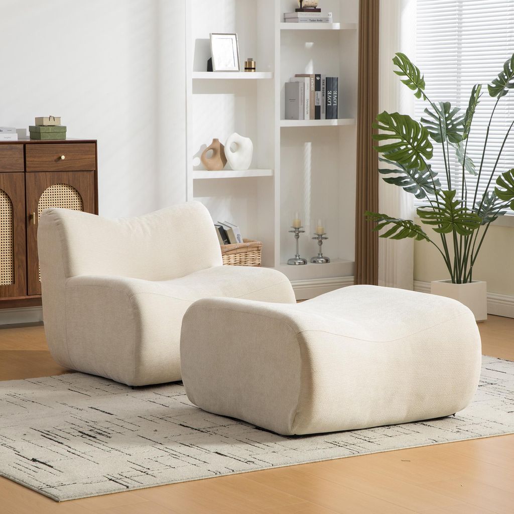 MODFU Einzelsitz Wohnzimmersofa Chenille-Stoff mit rutschfestem Boden Loungesofa mit Fußhocker Leicht zu bewegen Beige