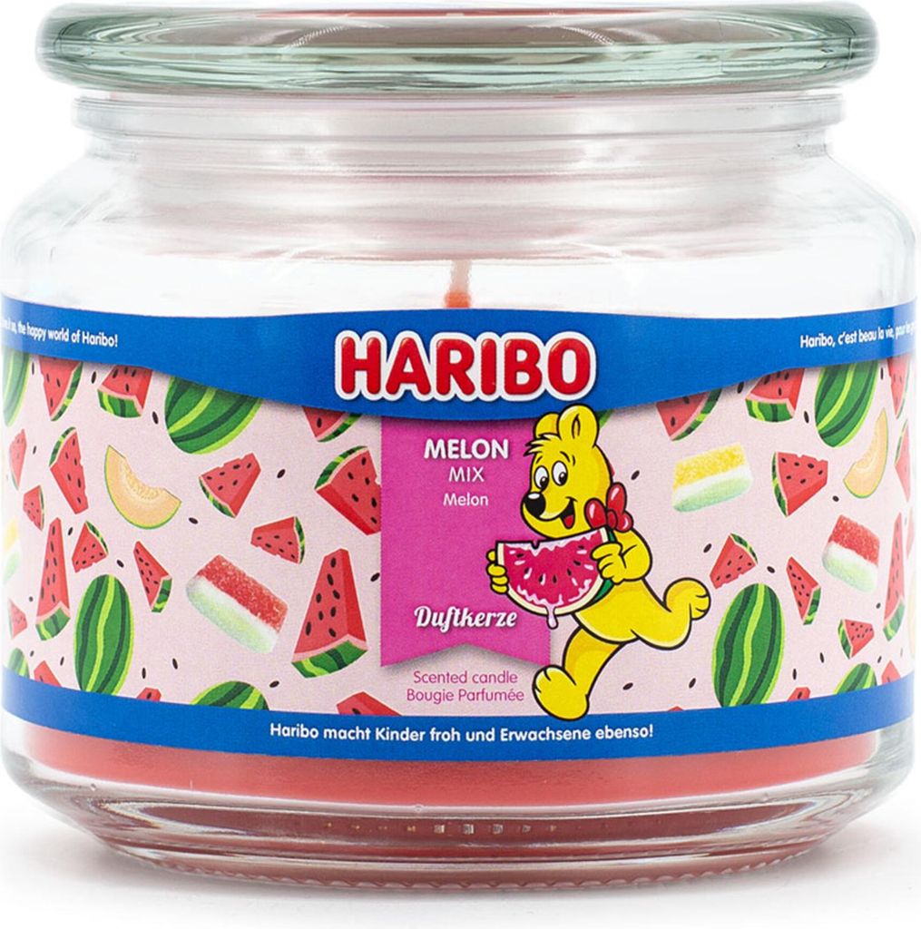 Haribo Duftkerze Melon Mix, Aromakerze im Glas, 300g, 50h Brenndauer