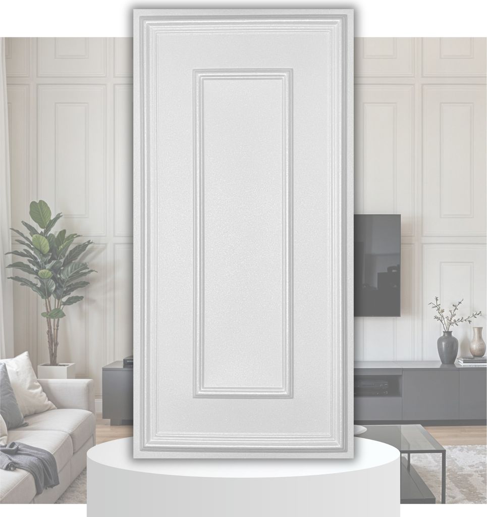 A white, paneled door is displayed on a white pedestal in front of a blurred interior scene.