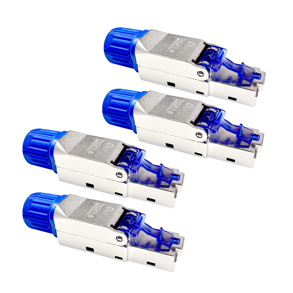 Four network connectors are arranged diagonally on a white background.