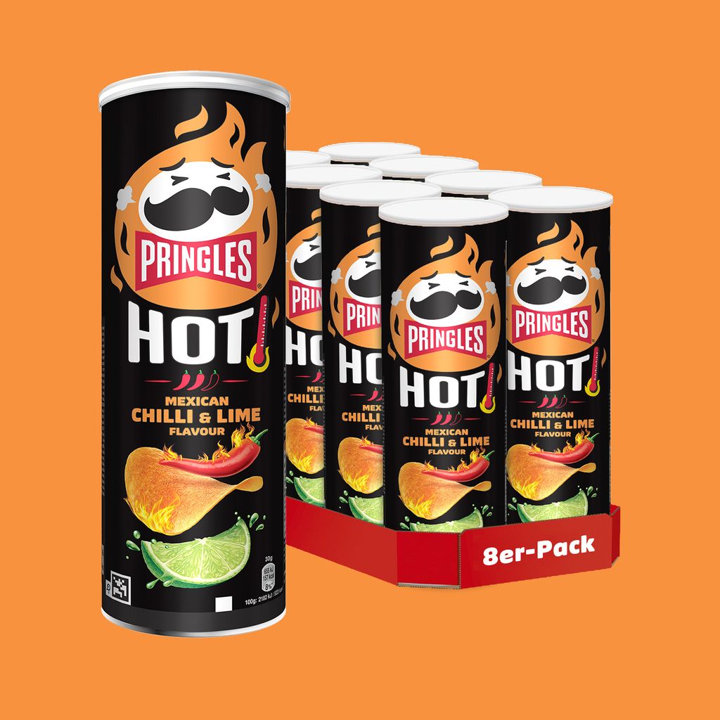 A display of Pringles Hot Mexican Chilli & Lime flavour potato chips in their packaging.