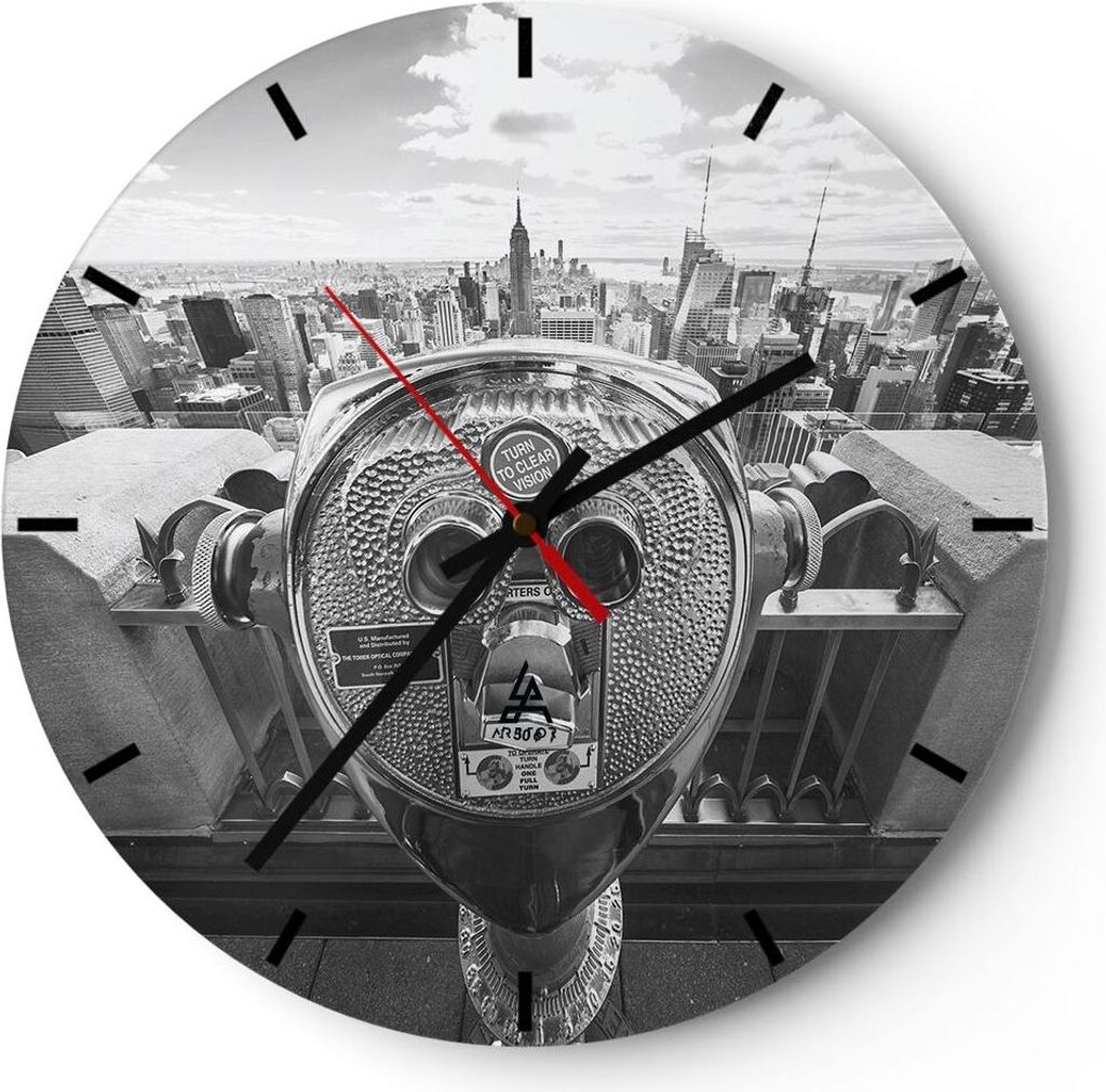 Wanduhr - Rund - Glasuhr - Manhattan Fernglas Ansicht - 40x40cm - Schleichendes Uhrwerk - Lautlos - zum Aufhängen bereit - Dekoration Modern - Wan...