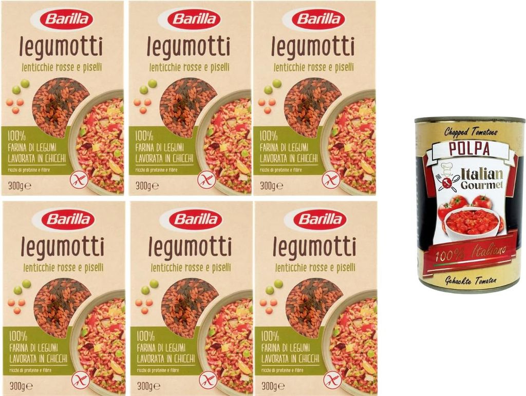 Barilla Legumotti Rote Linsen & Erbsen 6 x 300 g | 100% Hülsenfrüchte, glutenfrei, proteinreich, ideal für Bowls & Salate + Italian Gourmet polpa