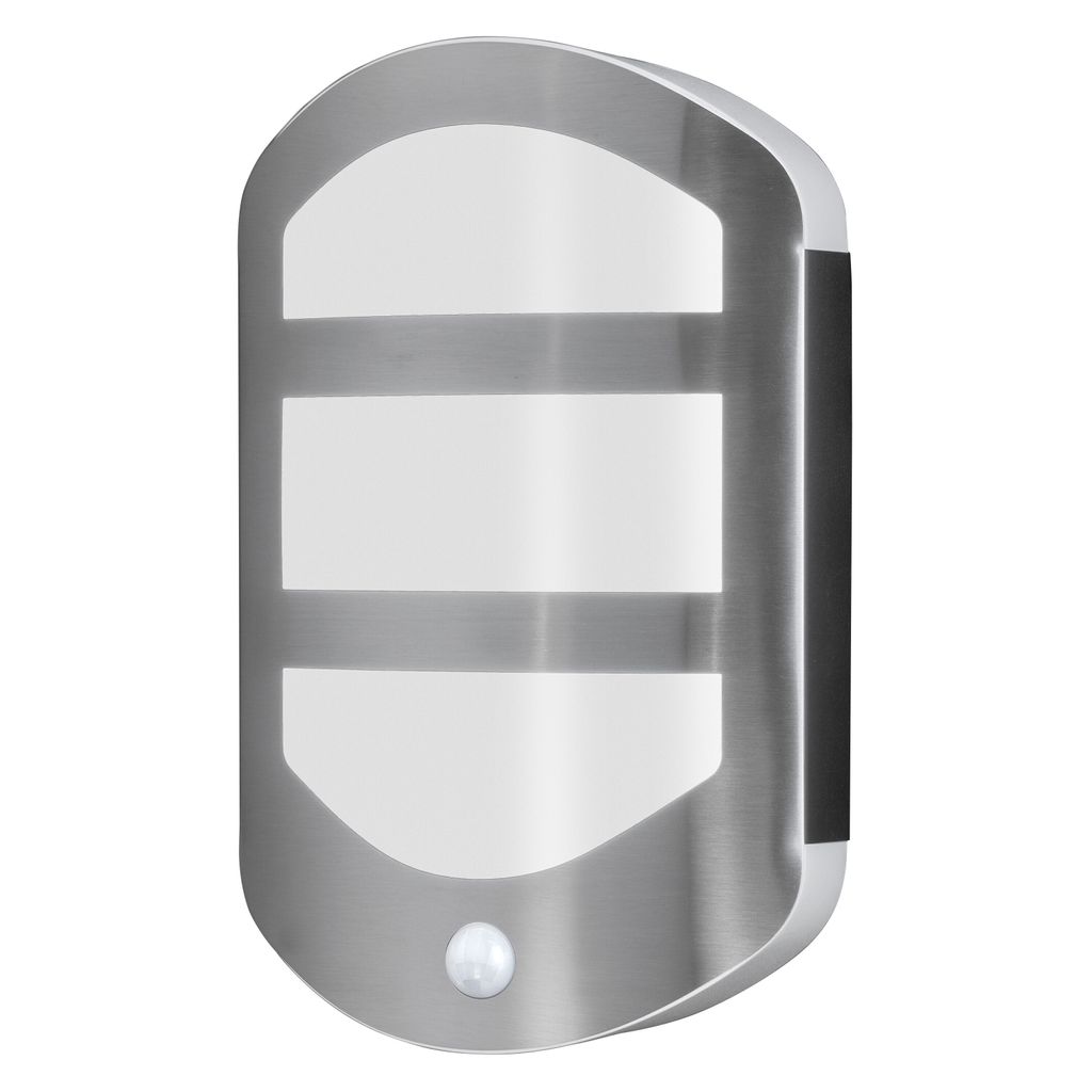 A product shot of an outdoor wall light with a motion sensor.